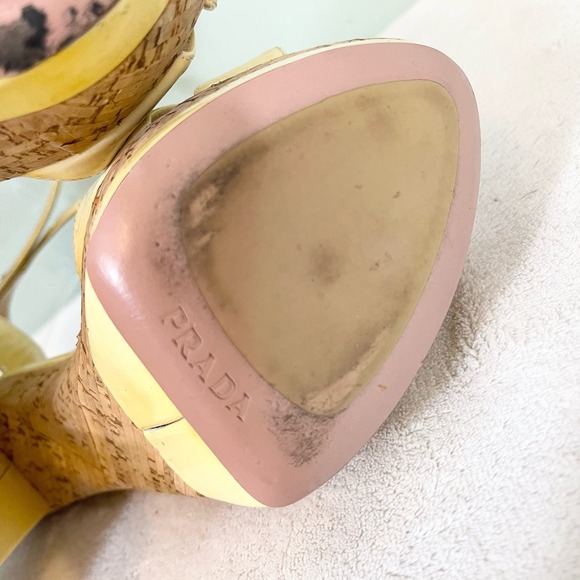 PRADA Women's Yellow Leather Ankle Strap Cork High Heels Sandal Size 36.5 - Picture 13 of 16